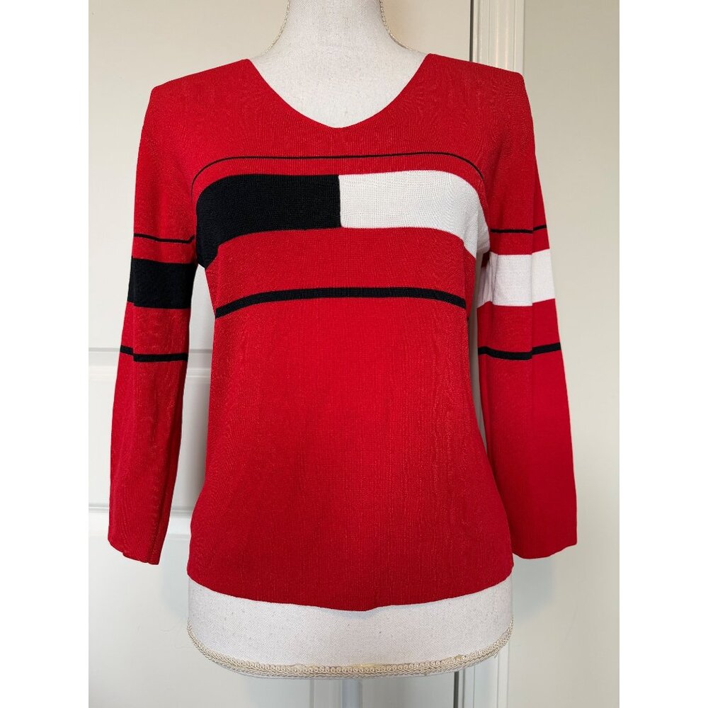 Vintage Joseph A. Color Block V-Neck Sweater M Red White Blue